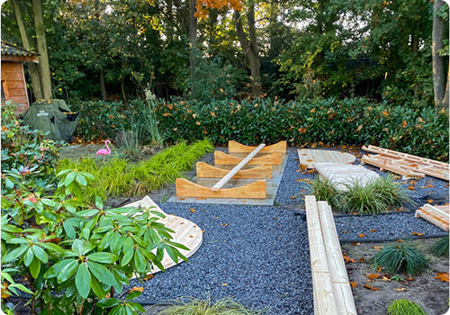 voorbereiding ondergrond buitensauna barrelsauna waterpas grind, hout, beton, tegels